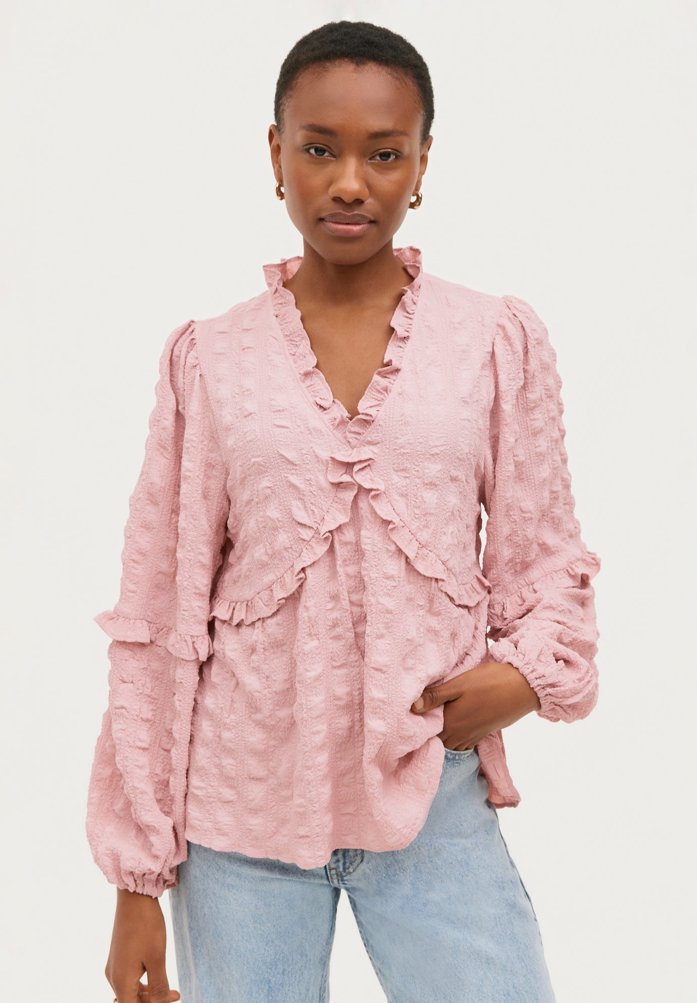 Ruffle Trim V-Neck Babydoll Blouse image number 0