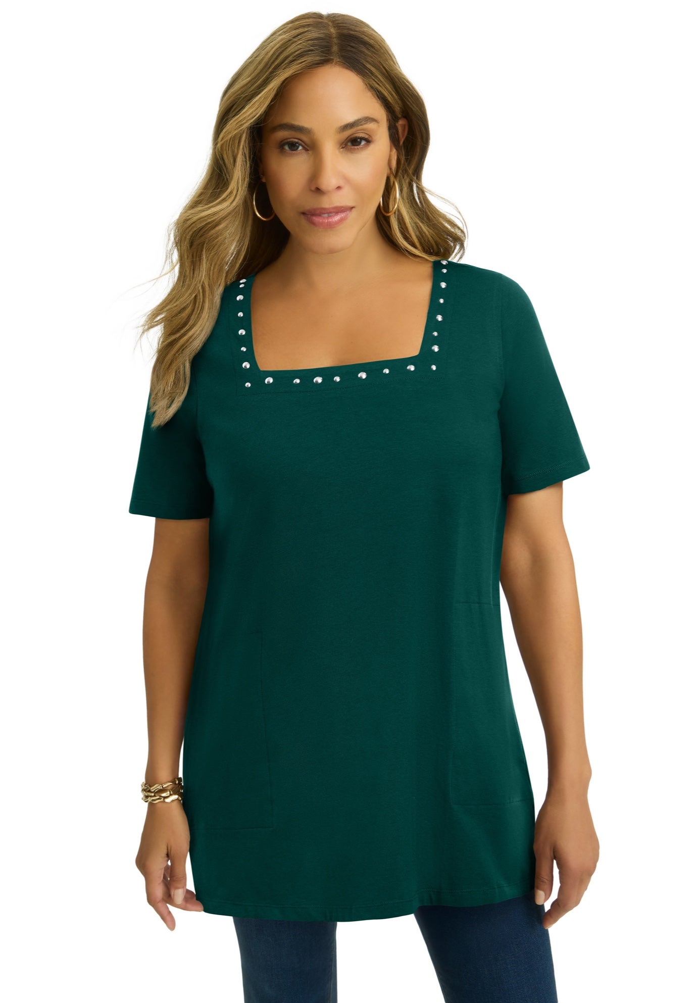 Stretch Cotton Studded Square Neck Tunic image number 0