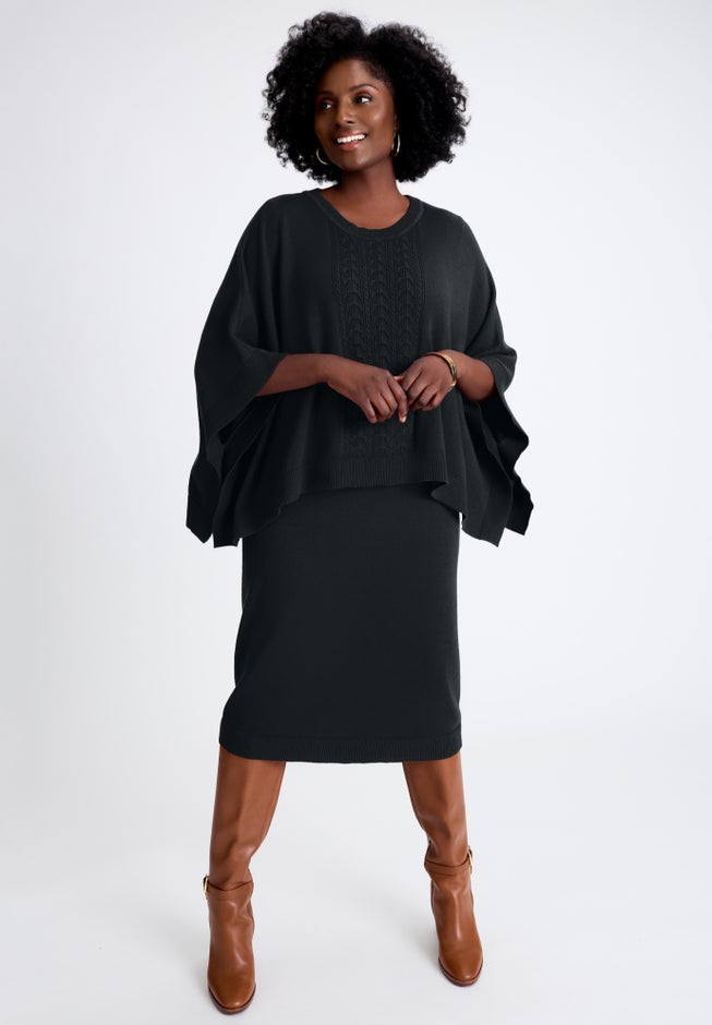 Special Occasion Cable Knit Cape Sweater Dress, Black | Jessica London Special Occasion Cable Knit Cape Sweater Dress, Black | Jessica London