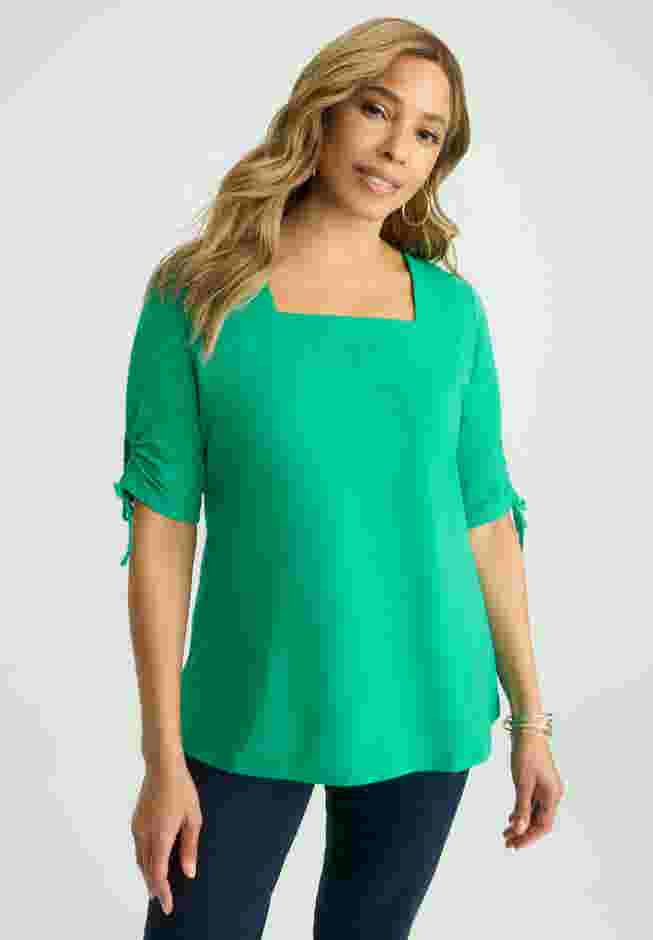 Stretch Cotton Tie Sleeve Square Neck Tee image number 0