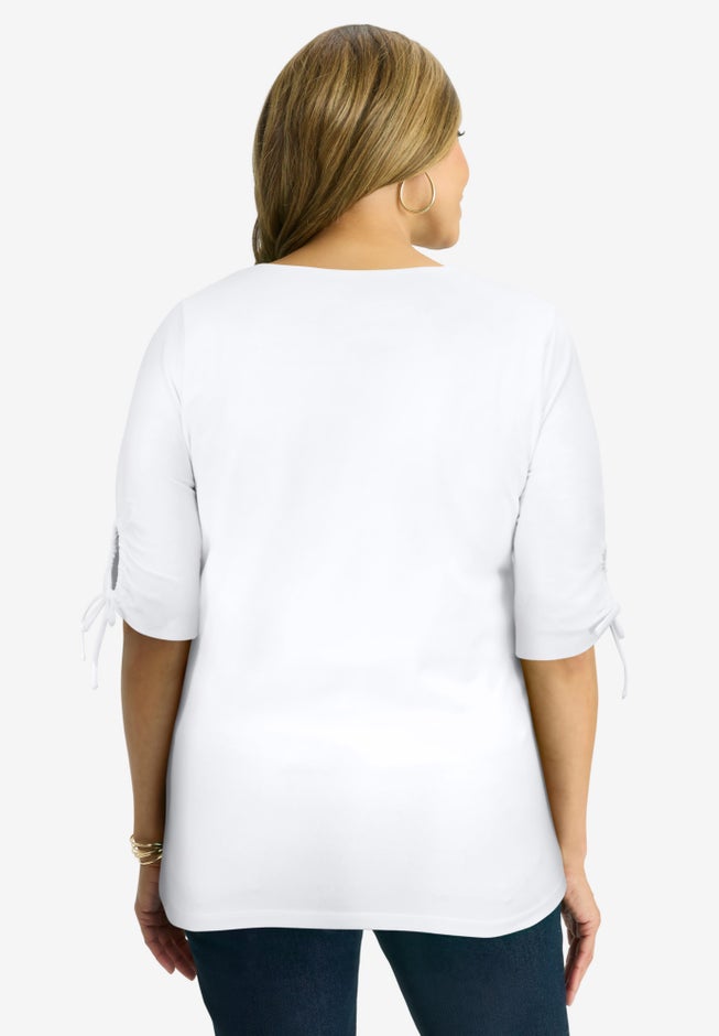 Stretch Cotton Tie Sleeve Square Neck Tee image number 2
