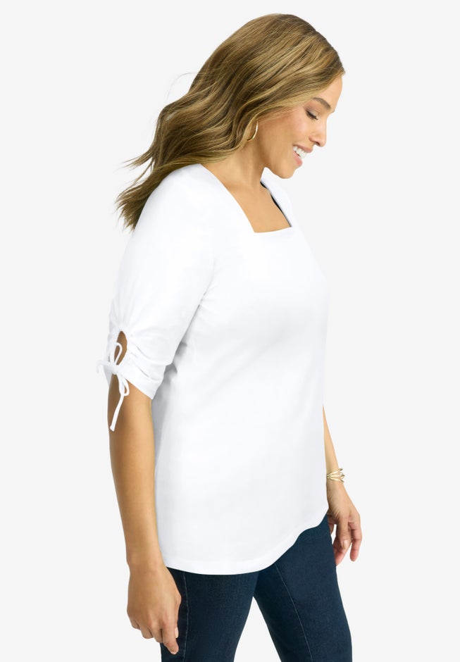 Stretch Cotton Tie Sleeve Square Neck Tee image number 1