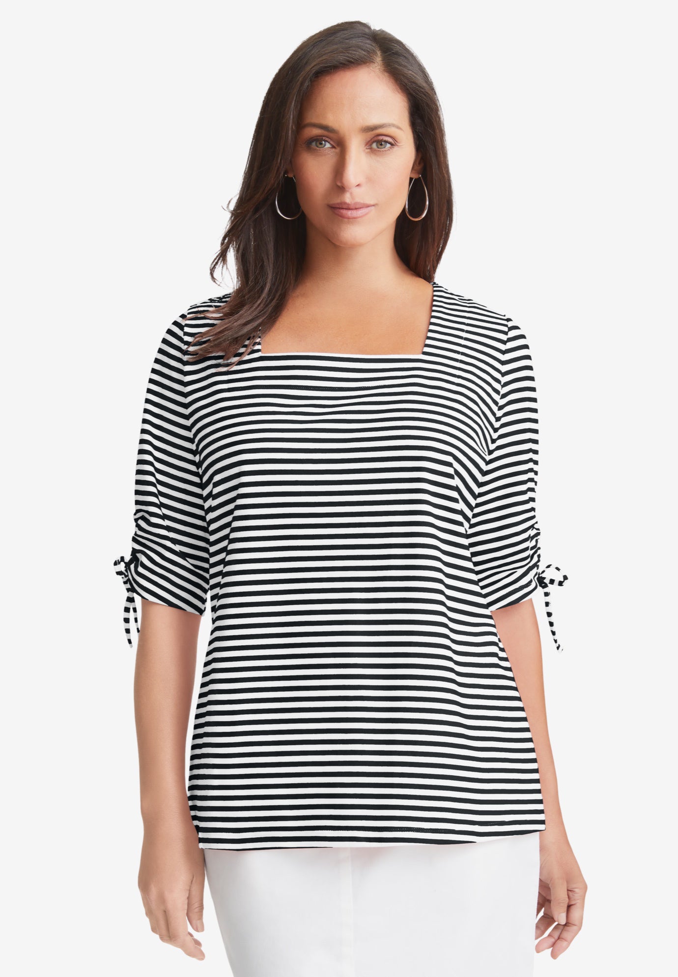 Stretch Cotton Tie Sleeve Square Neck Tee image number 0