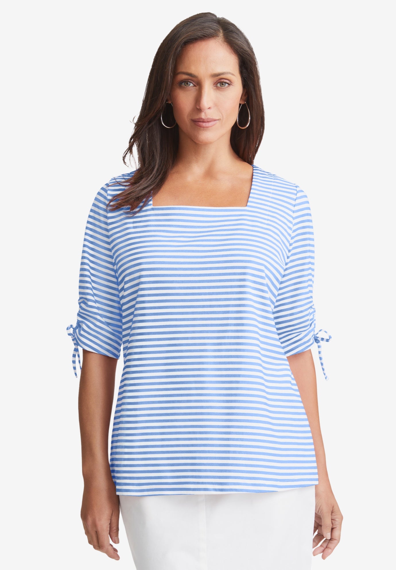 Stretch Cotton Tie Sleeve Square Neck Tee image number 1