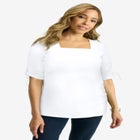 Stretch Cotton Tie Sleeve Square Neck Tee image number null