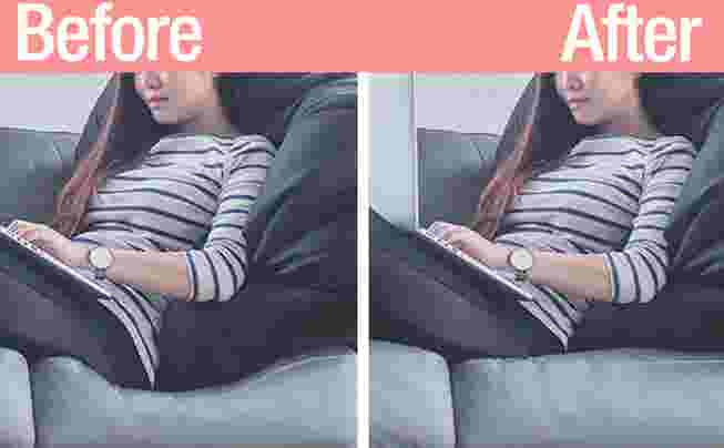 Before and after showing loveseat seat saver support improves seating height