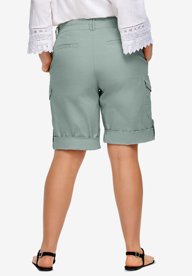 2 in 1 Mid-Rise Stretch Cotton Convertible Cargo Bermuda To Shorts image number 1