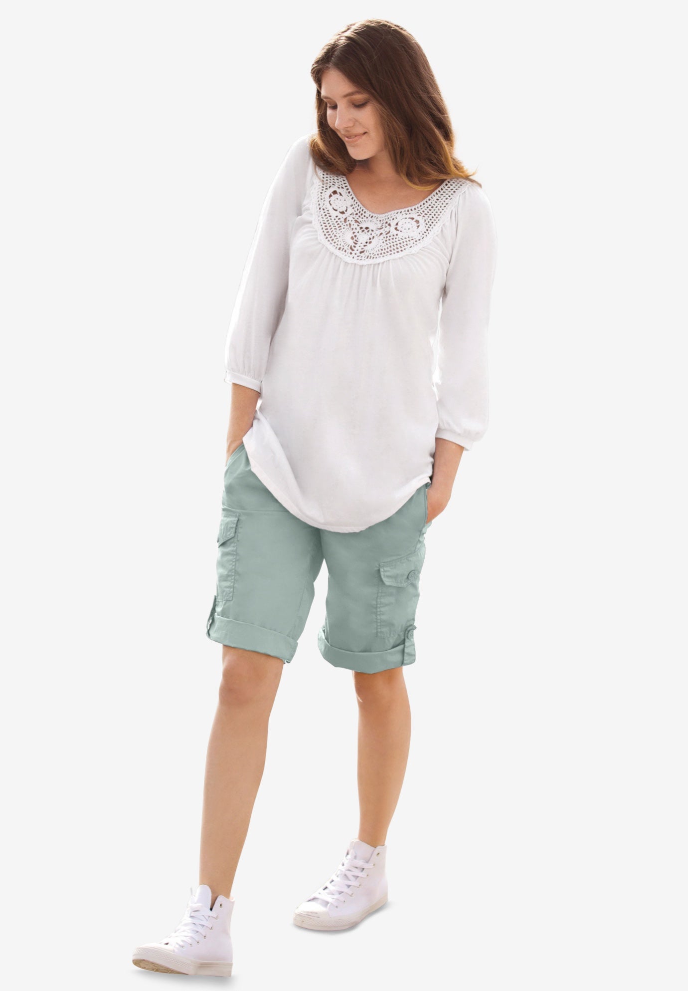 2 in 1 Mid-Rise Stretch Cotton Convertible Cargo Bermuda To Shorts image number 0