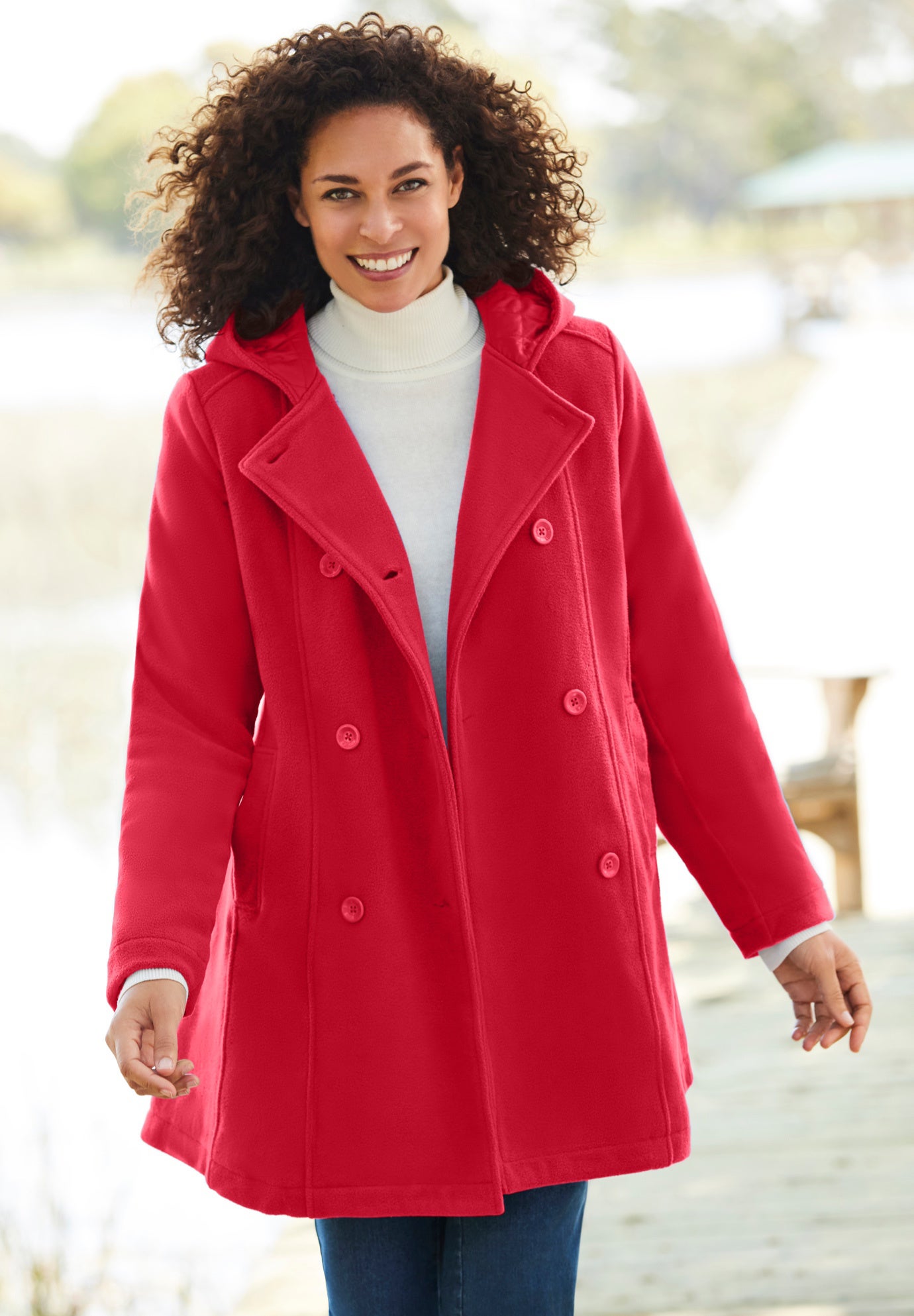 Double-Breasted Hooded Fleece Peacoat image number 2