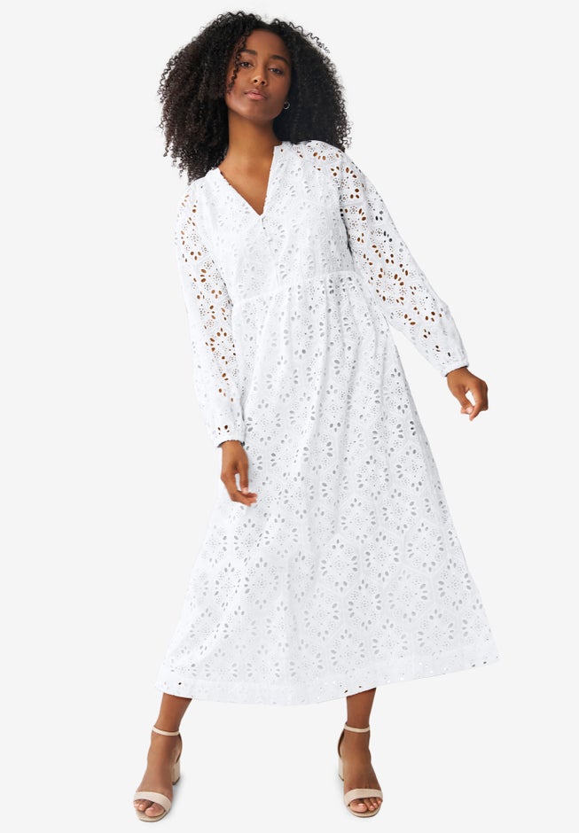 Eyelet Midi Dress with Blouson Sleeves image number 0