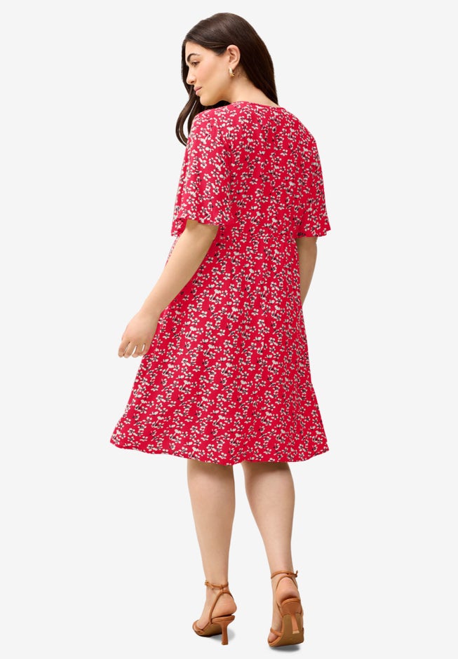 V-Neck Empire Dress with Button Trim image number 1