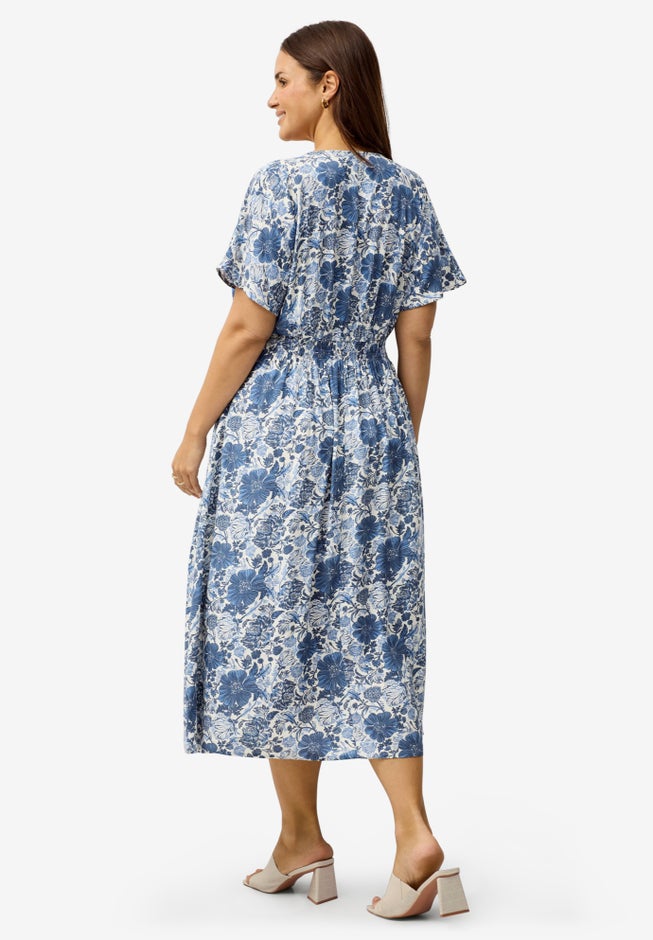 V-Neck Elastic Waist Midi Dress image number null