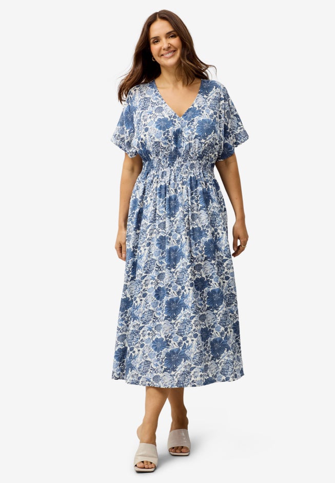 V-Neck Elastic Waist Midi Dress image number null