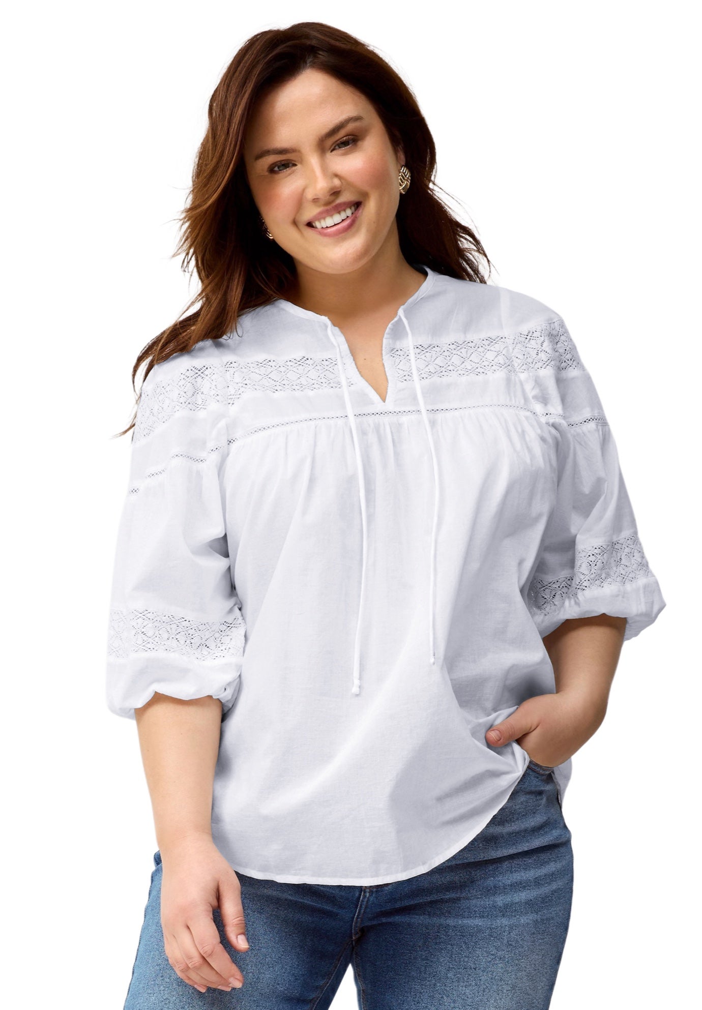 100% Cotton A-Line Three-Quarter Sleeve Keyhole Neck Blouse With Crochet Trim image number 0