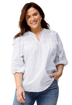 100% Cotton A-Line Three-Quarter Sleeve Keyhole Neck Blouse With Crochet Trim
