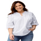 100% Cotton A-Line Three-Quarter Sleeve Keyhole Neck Blouse With Crochet Trim image number 0