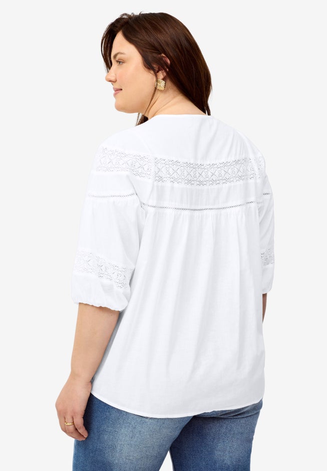 Keyhole Neck Blouse with Crochet Trim image number 1