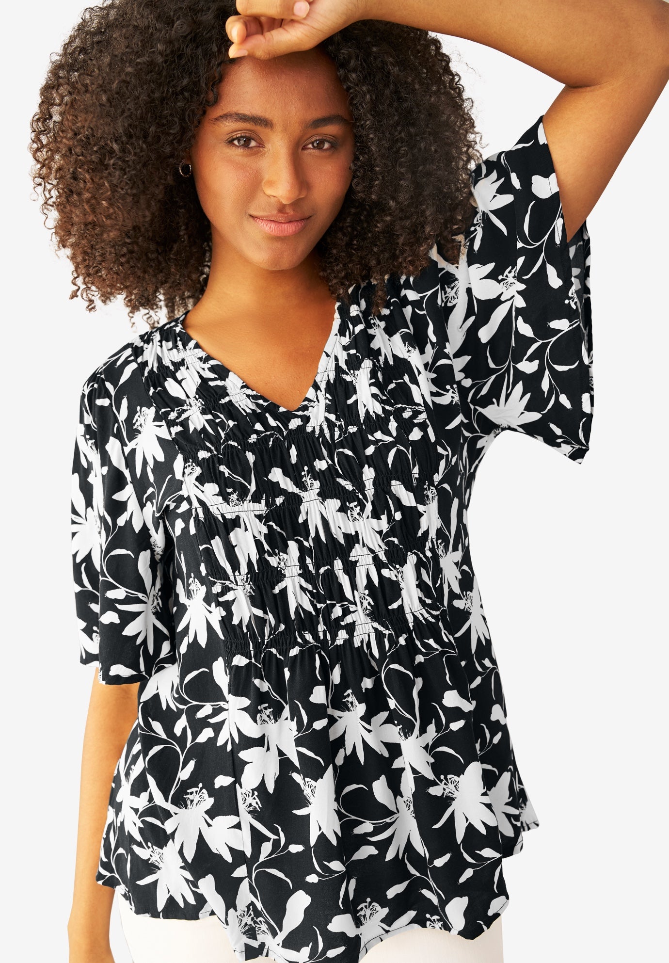 V-Neck A-Line Blouse with Smocked Bodice image number 2