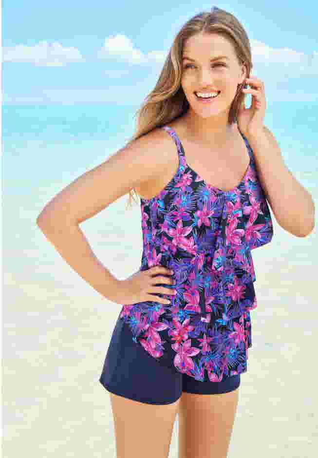 Longer-Length Tiered-Ruffle Tankini Top image number 2