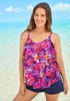Longer-Length V-Neck Tiered-Ruffle Tummy Control Tankini Top