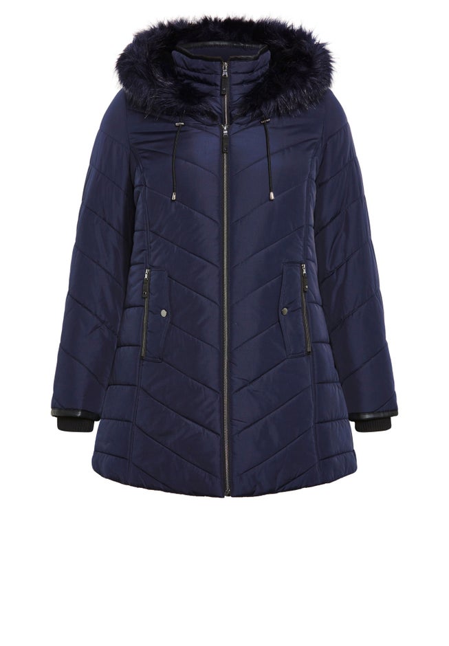 Chevron Faux Fur Hood Long Puffer Coat image number 4