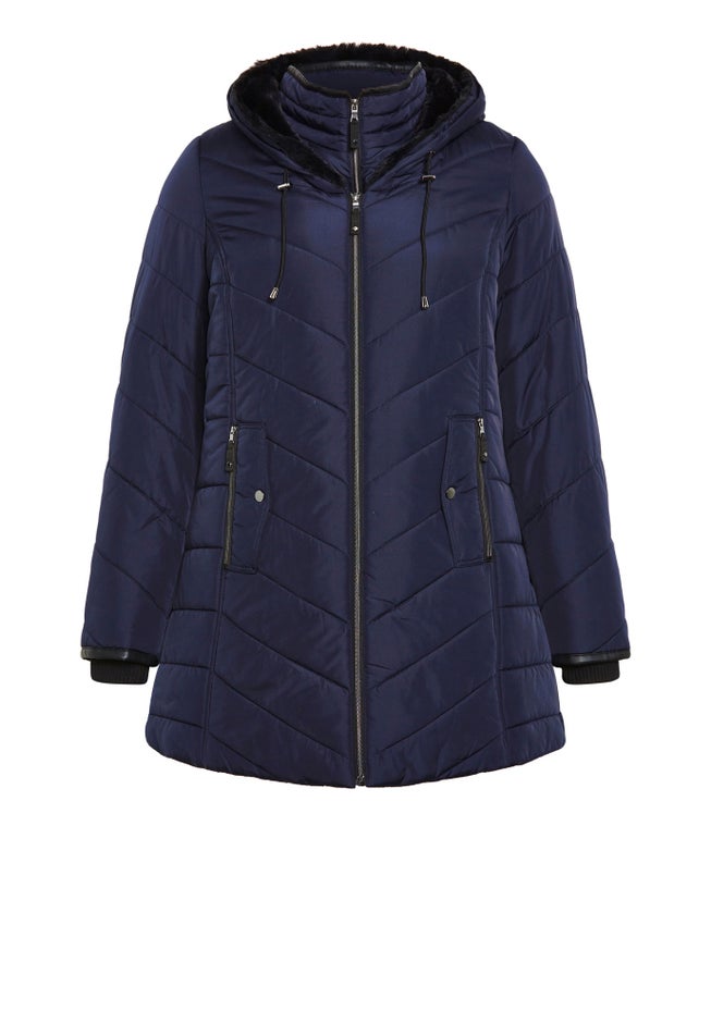 Chevron Faux Fur Hood Long Puffer Coat image number 6
