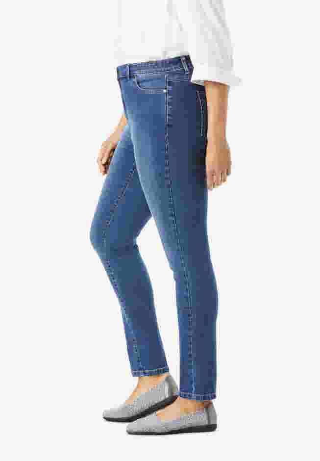 Womens Plus-Size Stretch-Denim Slim-Leg Five-Pocket Jeans image number 2