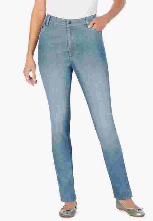 Womens Plus-Size Stretch-Denim Slim-Leg Five-Pocket Jeans image number 0