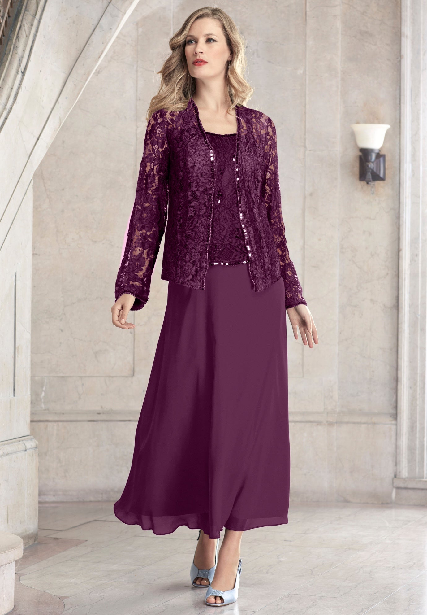 Plus-Size 2 Piece Long Sleeve Embellished Lace Jacket and Full Gown image number 0