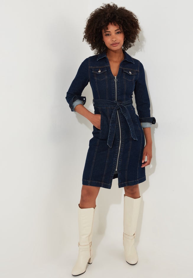Belted Stretch Denim Dress image number 0