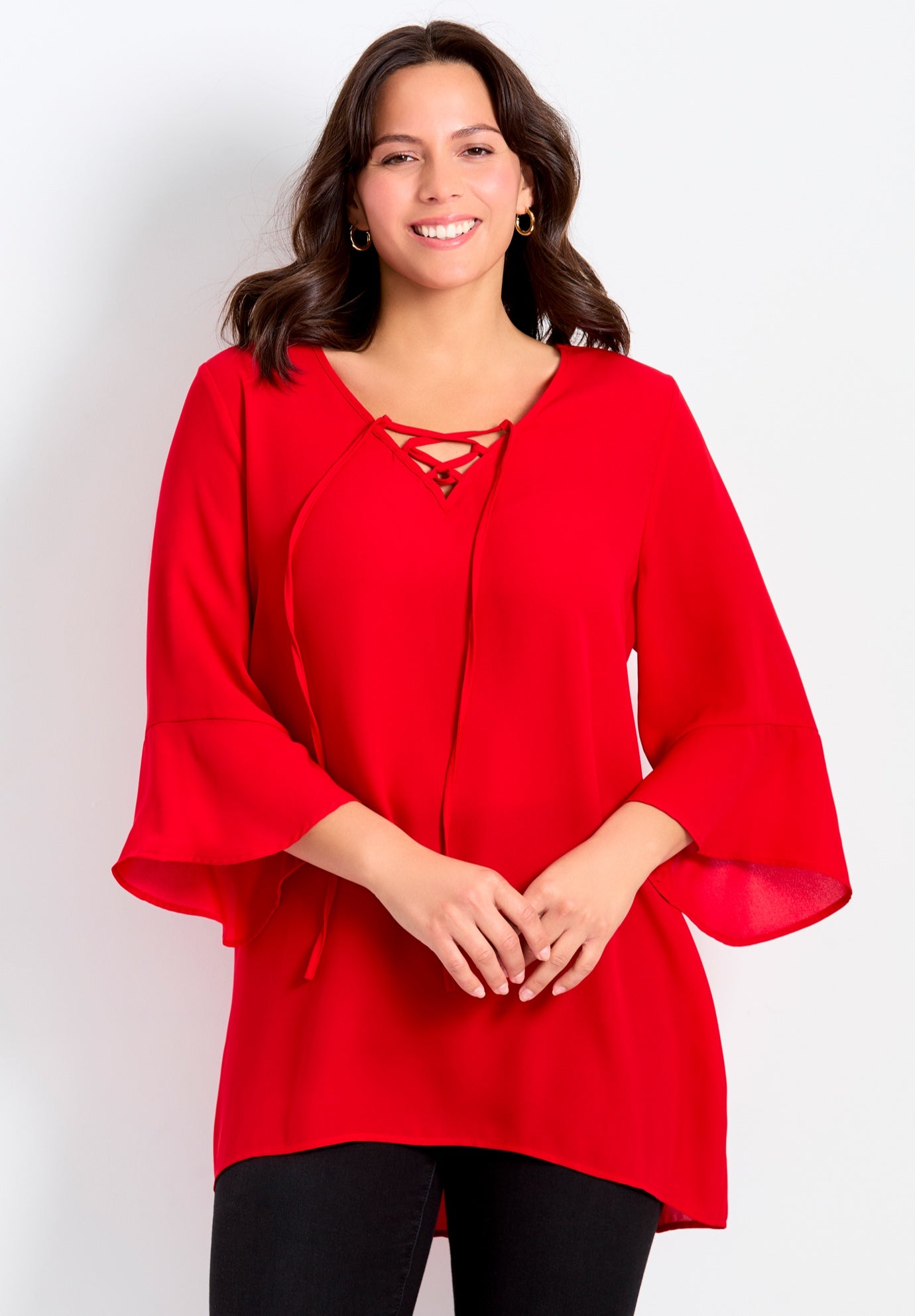 V-Neck Lace-Up Bell Sleeve Tunic image number 0