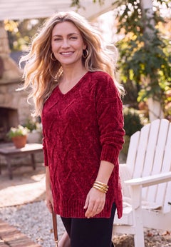 Chenille Pointelle V-Neck Pullover