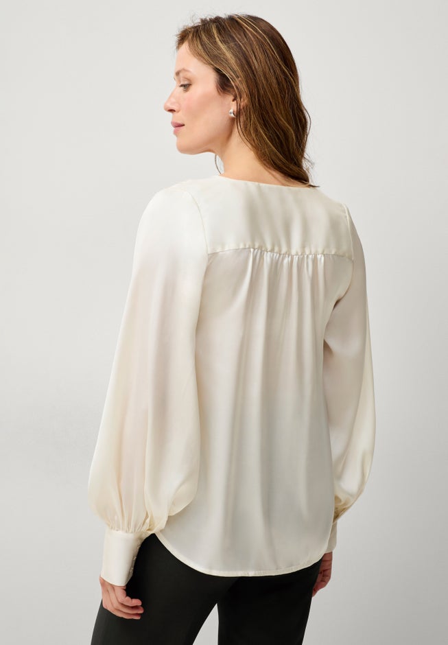 Satin Blouson Sleeve Button Front Blouse image number 1