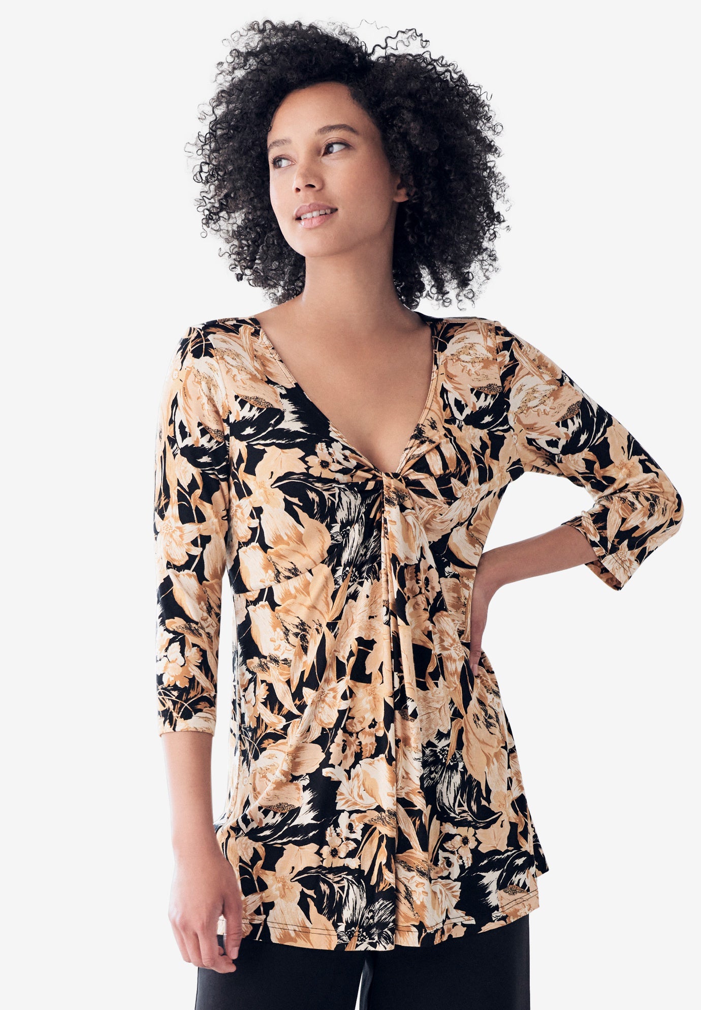 Stretch Knit V-neck 3/4 Sleeve Knot Front Tunic image number 0