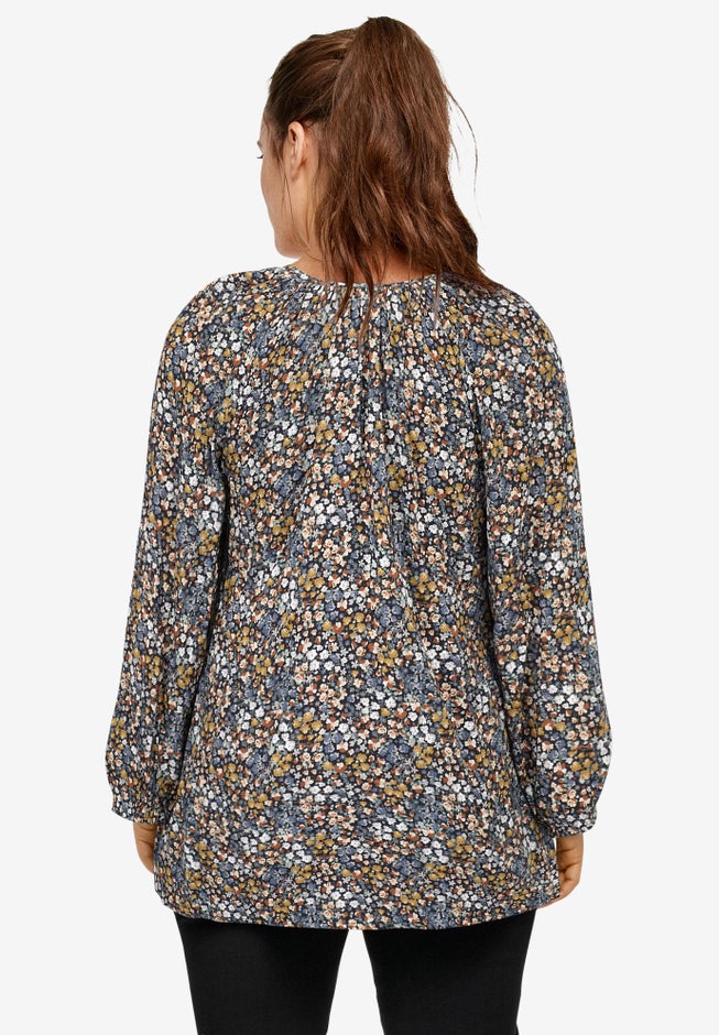 A-Line Long Sleeve Peasant Tunic with Tie-Neck Keyhole Neckline image number 1