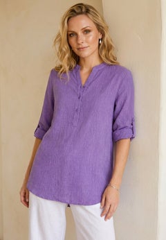 Three-Quarter Sleeve Roll Tab Relaxed Fit 100% Cotton Henley Tunic