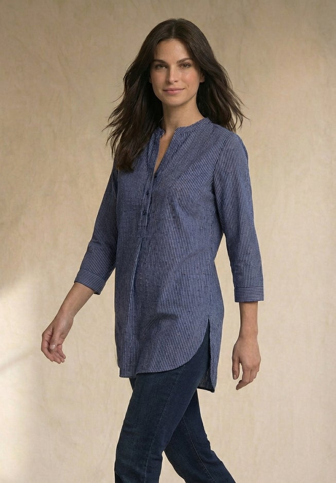 Three-Quarter Sleeve Roll Tab Relaxed Fit 100% Cotton Henley Tunic image number 1