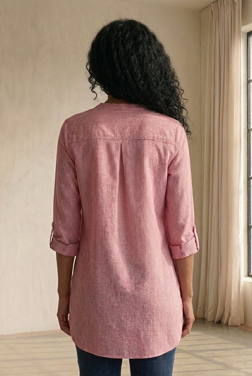 Three-Quarter Sleeve Roll Tab Relaxed Fit 100% Cotton Henley Tunic image number 1