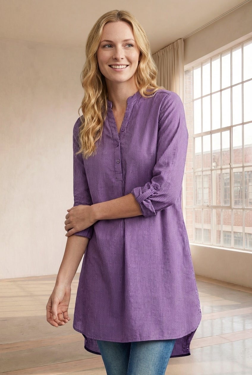 Three-Quarter Sleeve Roll Tab Relaxed Fit 100% Cotton Henley Tunic image number 0