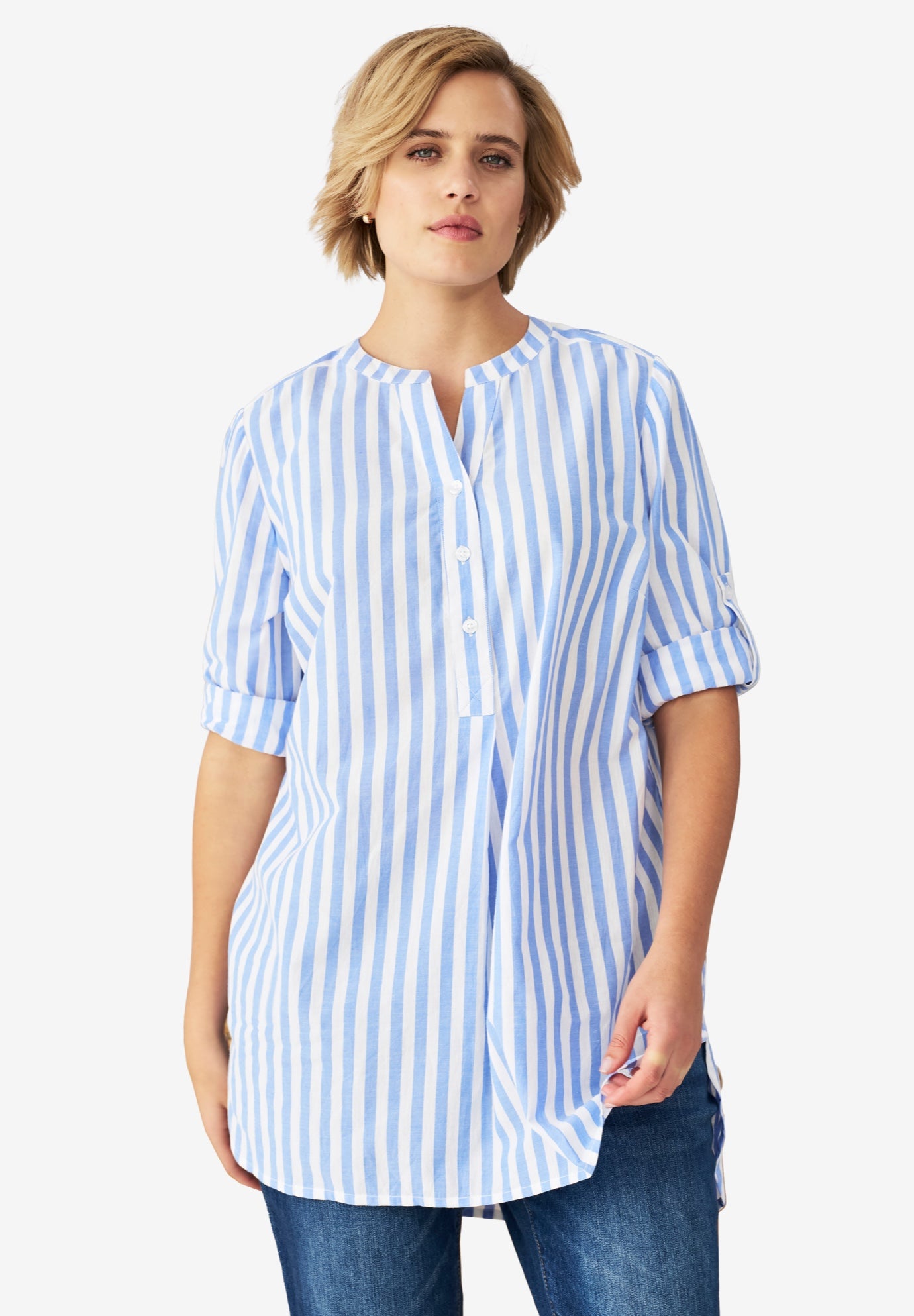 Three-Quarter Sleeve Roll Tab Relaxed Fit 100% Cotton Henley Tunic image number 0