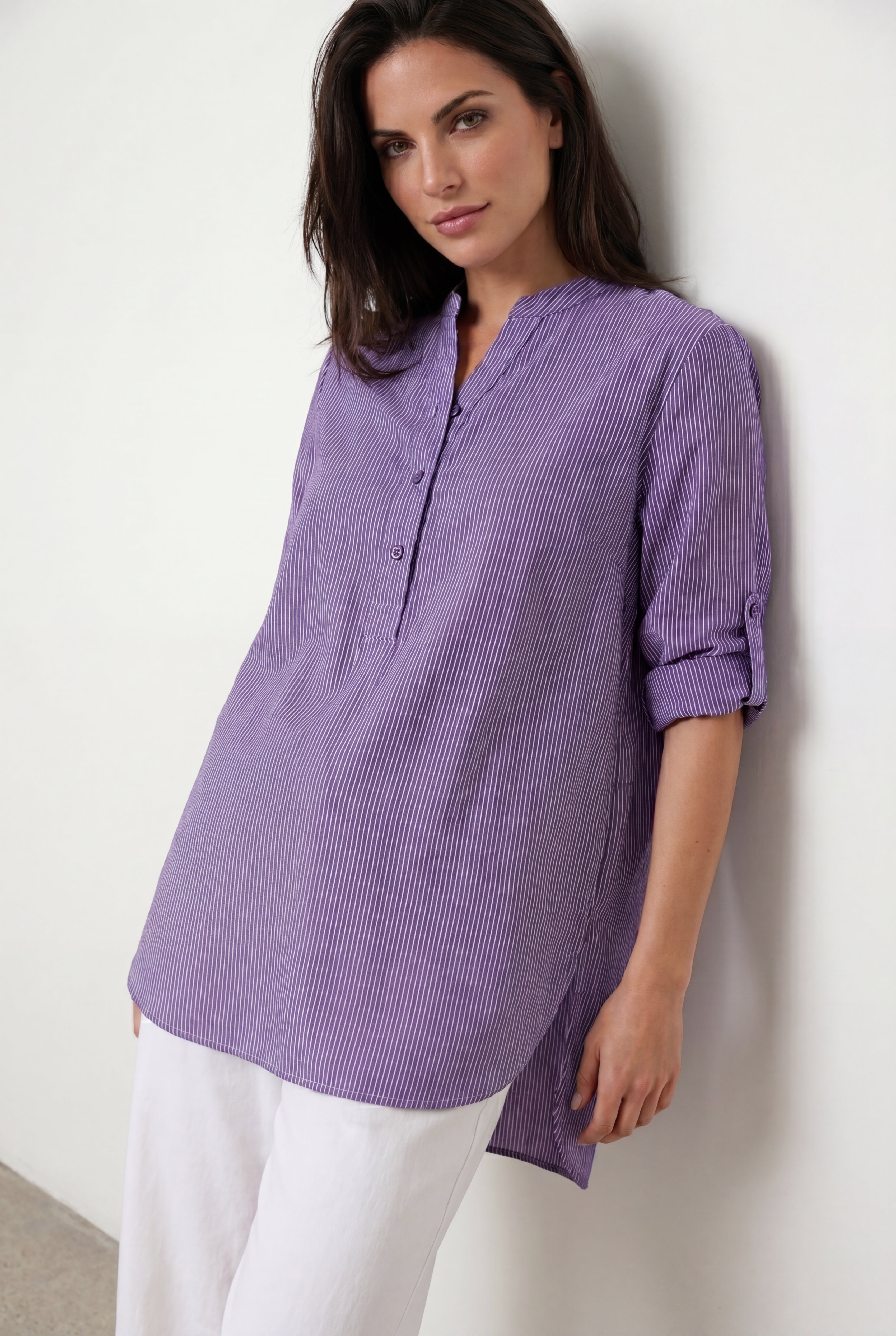 Three-Quarter Sleeve Roll Tab Relaxed Fit 100% Cotton Henley Tunic image number 0