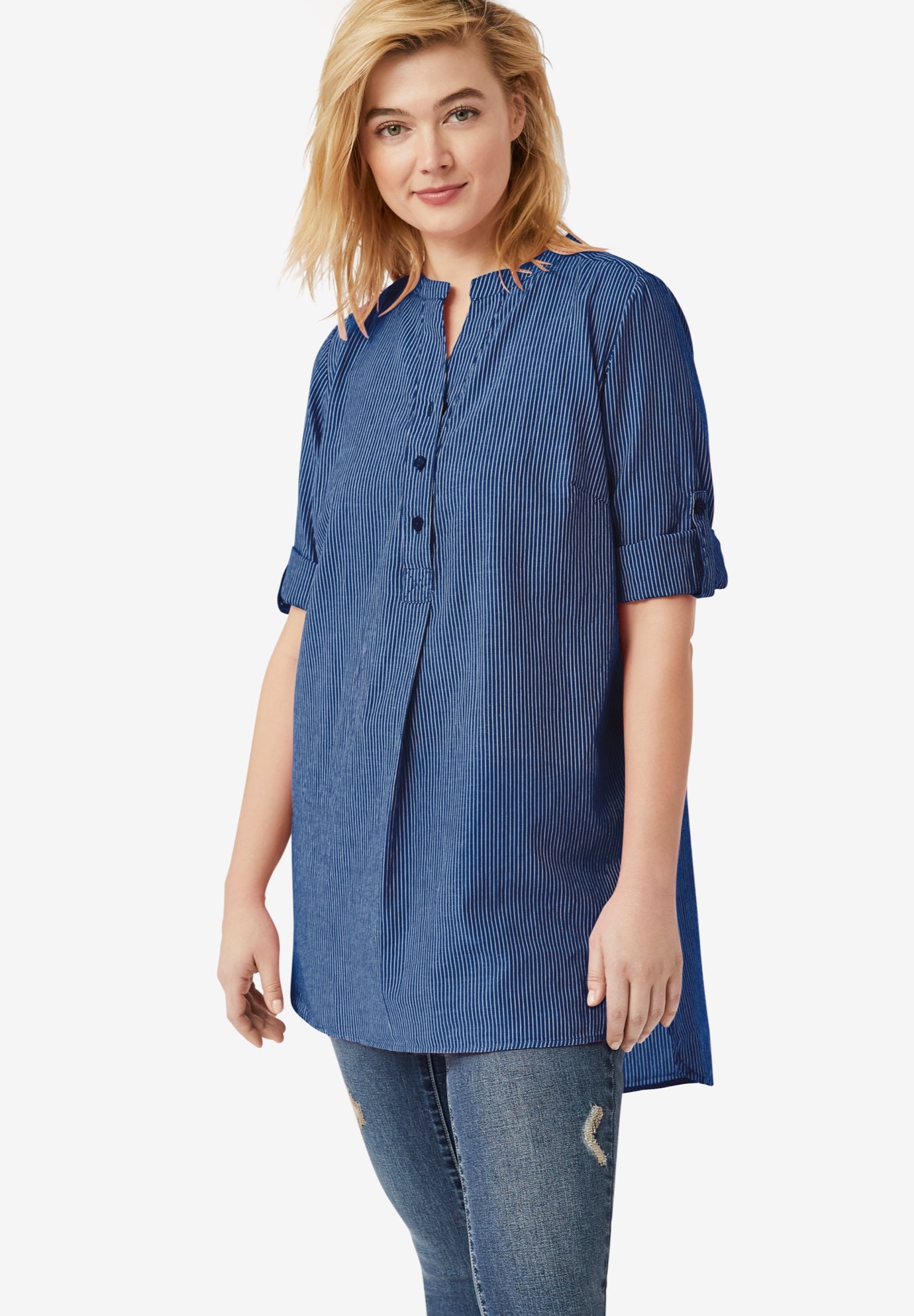Three-Quarter Sleeve Roll Tab Relaxed Fit 100% Cotton Henley Tunic image number 0
