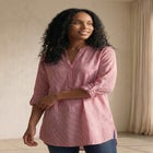 Three-Quarter Sleeve Roll Tab Relaxed Fit 100% Cotton Henley Tunic image number null