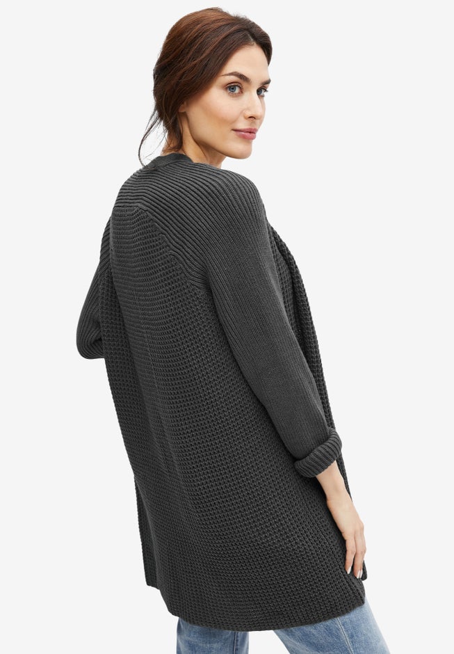 Open Front Long Ribbed Sleeve Waffle Cardigan image number 1