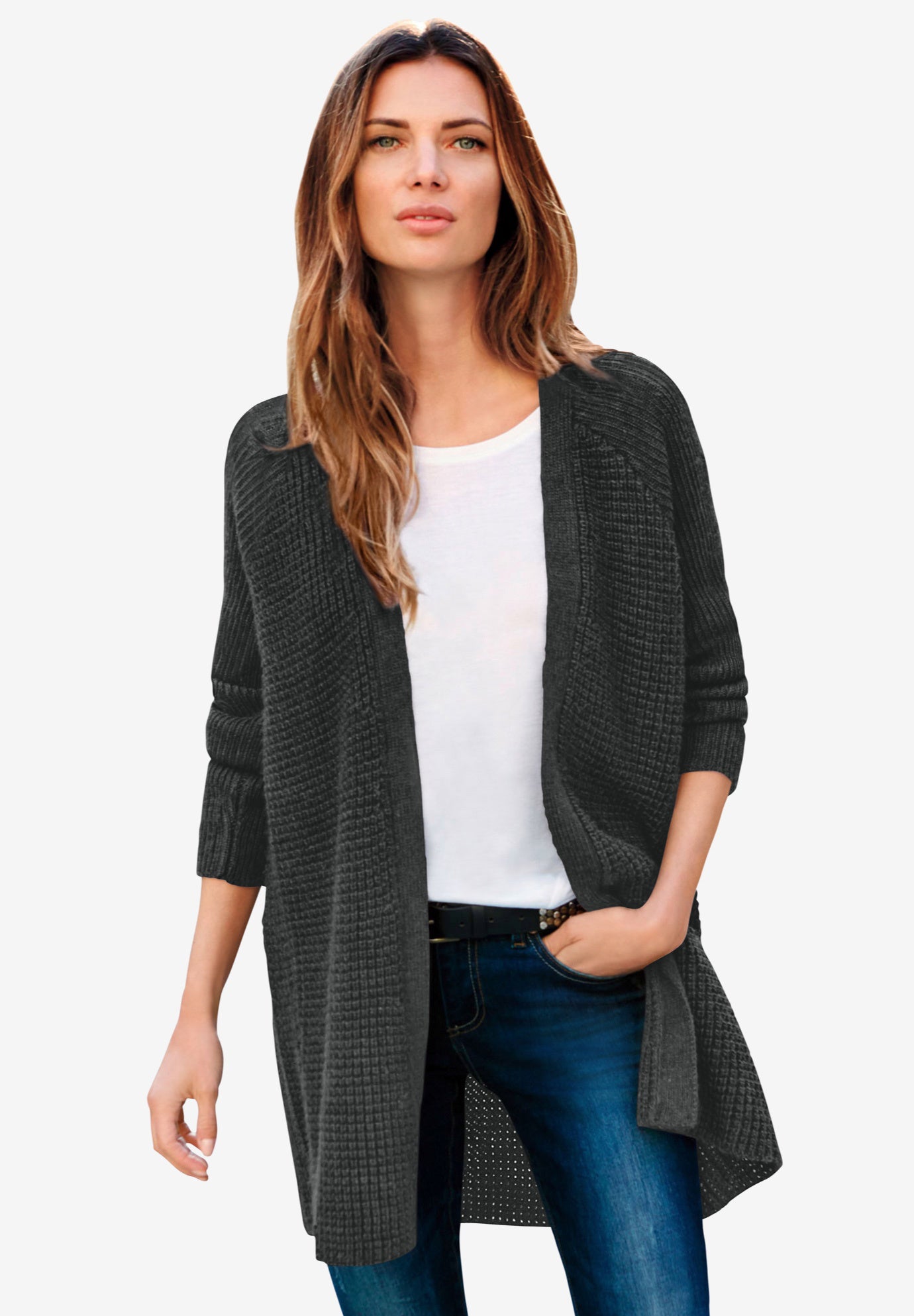 Open Front Long Ribbed Sleeve Waffle Cardigan image number 0