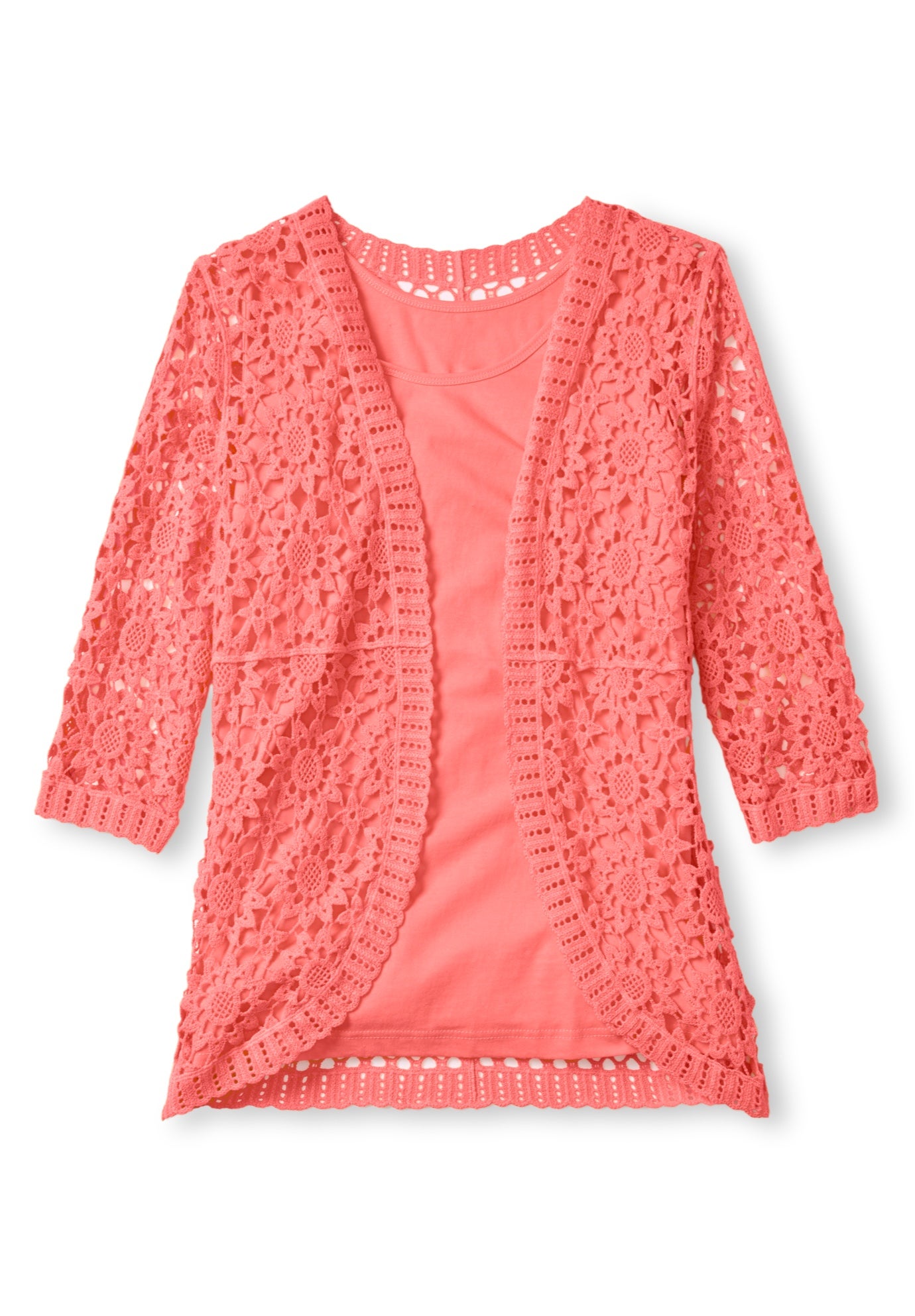 Crochet Curved-Hem Cardigan Sweater image number 1