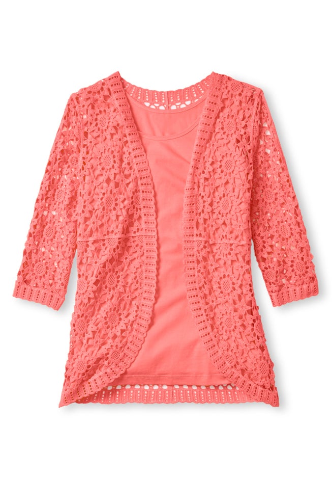 Crochet Curved-Hem Cardigan Sweater image number 1