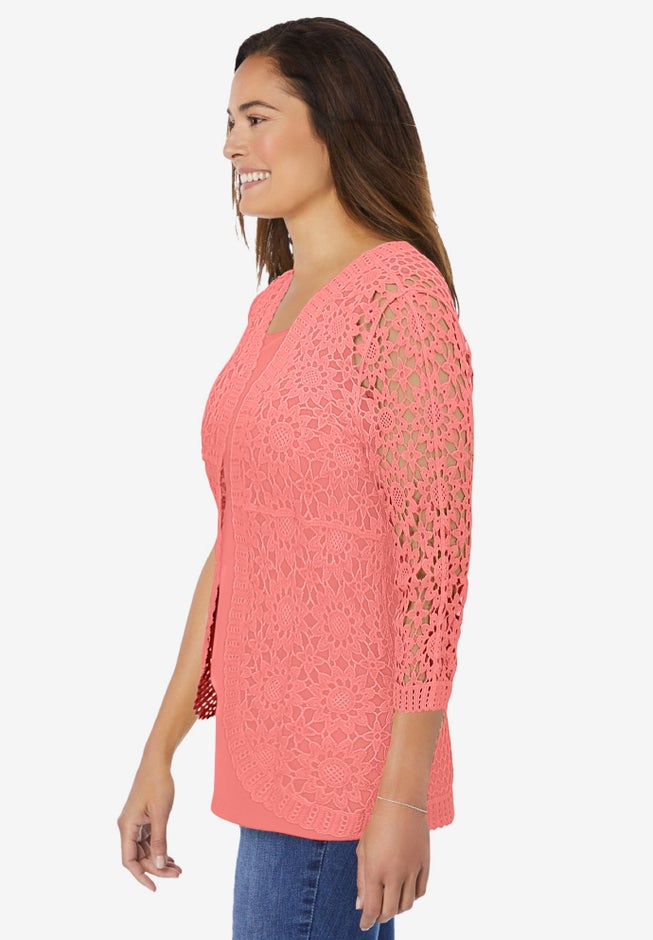 Crochet Curved-Hem Cardigan Sweater image number 3