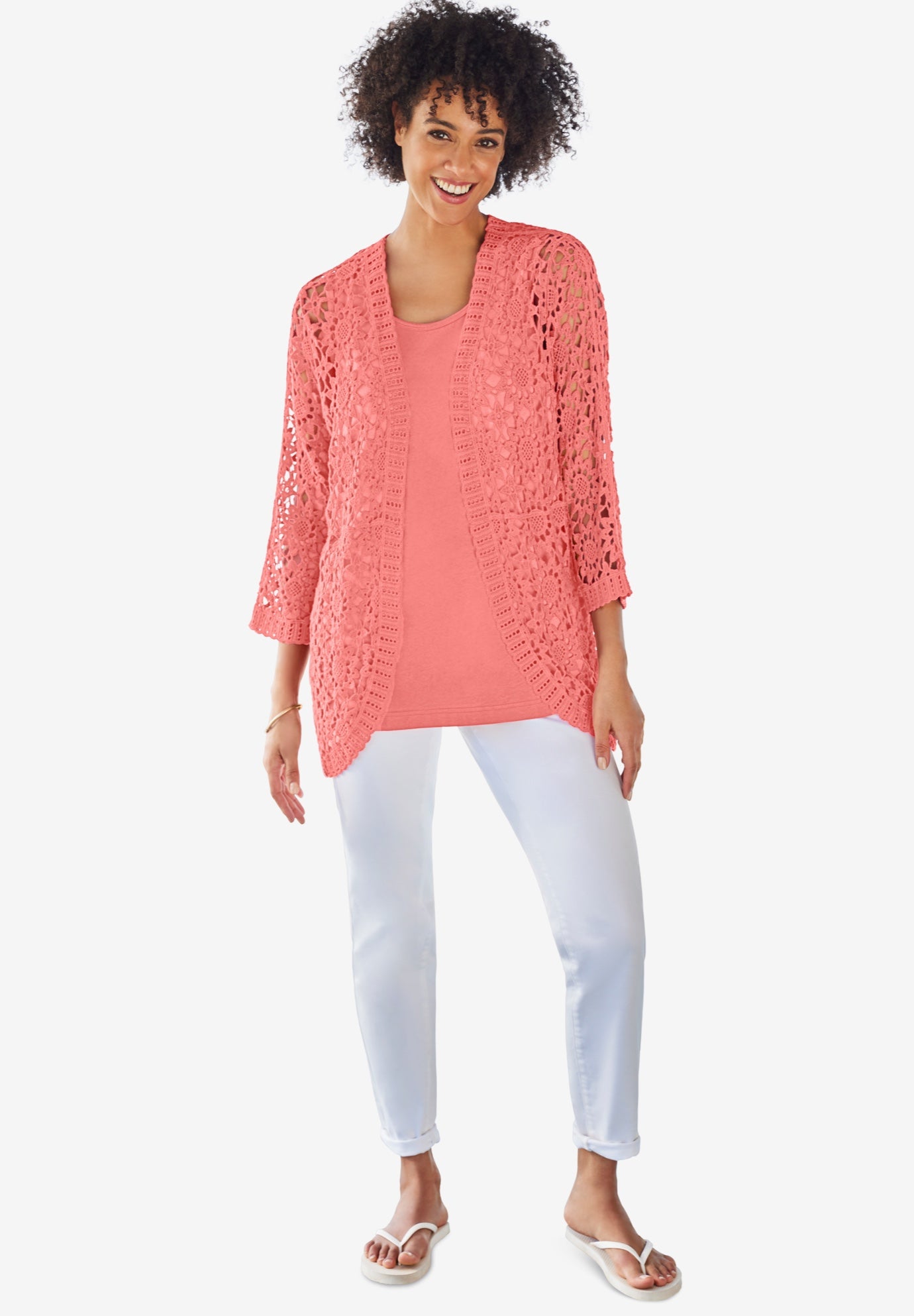 Crochet Curved-Hem Cardigan Sweater image number 0