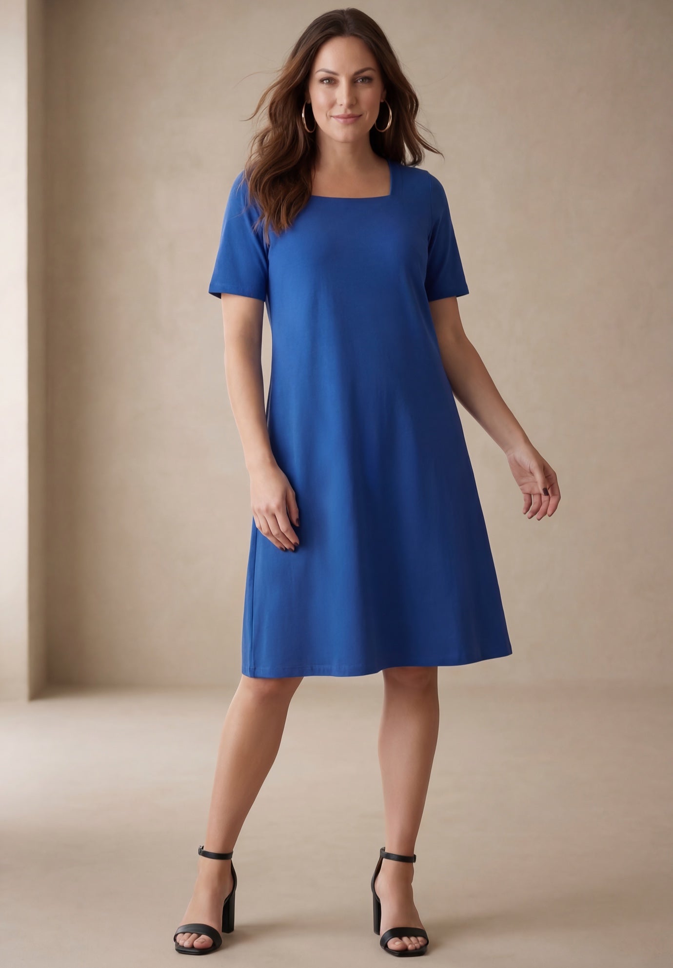 Stretch Cotton Square Neck Midi Dress image number 0